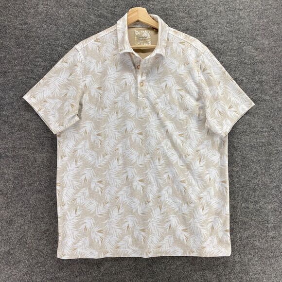 Jasso Elba Polo Shirt Men L Large Beige Floral Button Up Collared Short Sleeve - Picture 1 of 9